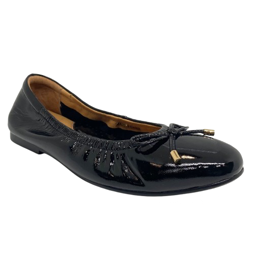 black patent ballet flat wih padded insole and arch support elasticised. Bresley