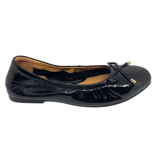 black patent ballet flat wih padded insole and arch support elasticised. Bresley