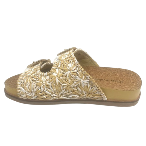 raffia natural and white slide with gold buckles by django and juliette