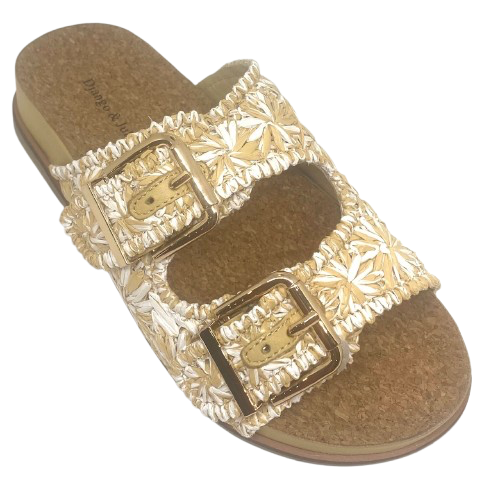 raffia natural and white slide with gold buckles by django and juliette