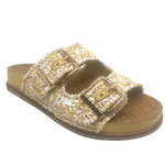 raffia natural and white slide with gold buckles by django and juliette