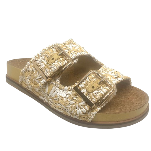 raffia natural and white slide with gold buckles by django and juliette