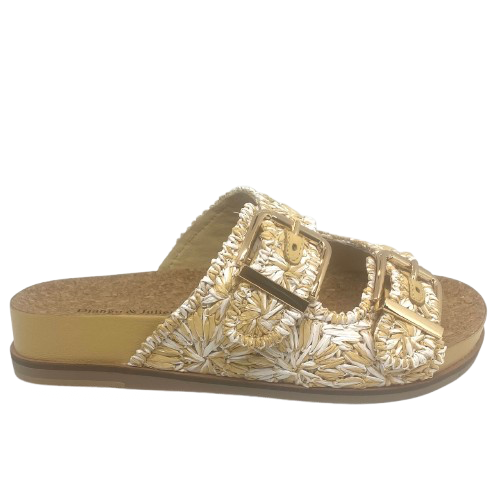 raffia natural and white slide with gold buckles by django and juliette