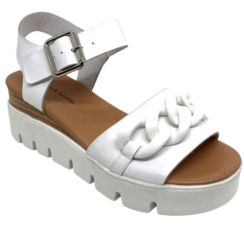 Here's a fresh summer sandal from Django &amp; Juliette that will work well as a casual shoe and also elevate you to semi dressed if required. The wedge/flatform consists of both timber veneer and a chunky white sole. The Y back is a wide strap as is the strap across the front of the foot which features a white chunky chain.