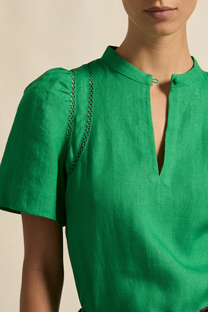 A quietly elevated blouse, the Recollect top combines tailoring with soft details.&nbsp;

Lace accents and tulip sleeves lend charm to a clean-lined silhouette.

100% linen composition
circular lace detailing at the shoulder
v-neck split with covered dome button
short gathered tulip sleeve
neat, refined structure
