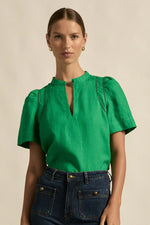 A quietly elevated blouse, the Recollect top combines tailoring with soft details.&nbsp;

Lace accents and tulip sleeves lend charm to a clean-lined silhouette.

100% linen composition
circular lace detailing at the shoulder
v-neck split with covered dome button
short gathered tulip sleeve
neat, refined structure