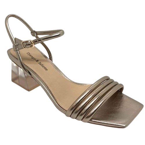 This little Y backed sandal has a clear square 6.5cm heel, a squared off toe and four rounded straps across the front of the foot. By Django &amp; Juliette.