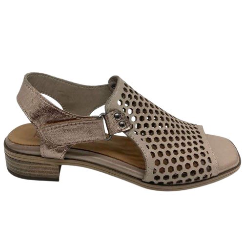 Here's a super comfortable every day sandal from Rilassare. The neutral colour way of dark stone makes them a versatile choice in any wardrobe. The soft leather upper is perforated allowing air flow and the pewter back strap is fastened with velco for ease of entry. It has a flexible sole and low stacked leather heel.