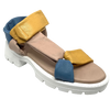 Wide bands of soft tubed leather that wrap supportively around the foot and the soft rubber sole make these fun multi coloured sandals in pale mustard and powder blue a very comfortable summer option. Velcro is on the strap is also a plus.