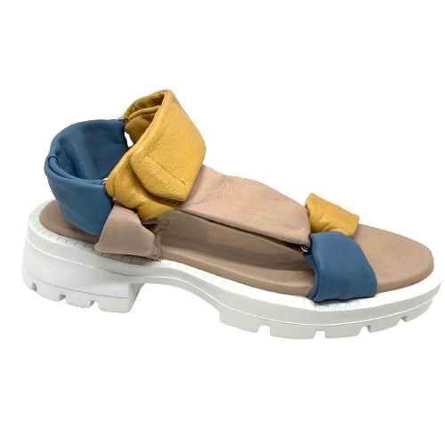 Wide bands of soft tubed leather that wrap supportively around the foot and the soft rubber sole make these fun multi coloured sandals in pale mustard and powder blue a very comfortable summer option. Velcro is on the strap is also a plus.