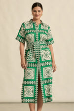 sustainably printed our exclusive parrot scarf print, a spirited exploration of hue and european-inspired graphic motif. the roam dress is perfect for resort styling or everyday luxury.

100% linen
crisp collar and covered placket deliver refined finish
custom zk exclusive parrot scarf print
wide self-tie belt for tailored shape
side split and relaxed fit offer comfort and movement
finished hem and sleeve trim for elevated detail
vacation-ready and trans-seasonal