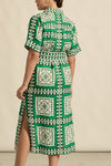 sustainably printed our exclusive parrot scarf print, a spirited exploration of hue and european-inspired graphic motif. the roam dress is perfect for resort styling or everyday luxury.

100% linen
crisp collar and covered placket deliver refined finish
custom zk exclusive parrot scarf print
wide self-tie belt for tailored shape
side split and relaxed fit offer comfort and movement
finished hem and sleeve trim for elevated detail
vacation-ready and trans-seasonal