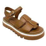 A very comfortable version of a fisherman's sandal, this little number from Django & Juliette has a three toned chunky sole in toffee colours and white and a padded footbed. It features a Y back, gold buckle and a row of tiny gold studs around the rand.