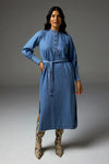 Inspired by vintage denim styles, the Snapshot Dress brings classic tailoring to the forefront with its midi length and self-tie belt. Side splits and a scooped hemline are considered elements. Domed brass buttons, double top-stitching, and a drapey cotton-lyocell blend make it a standout denim piece.