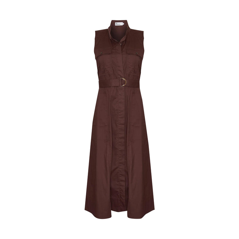 The Snippet is a sleeveless interpretation of classic shirt dress with a considered twist. Oversized patch pockets and D ring detail on the self-fabric belt add a utilitarian edge. This elongated silhouette has an elasticated waist that moves into an A-line skirt. the Snippet is a confident choice. 