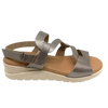 catalinas social wedge in gold/pewter with velcro entry at heel and instep, rubber sole and wedge with memory foam footbed. made in spain