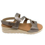 catalinas social wedge in gold/pewter with velcro entry at heel and instep, rubber sole and wedge with memory foam footbed. made in spain