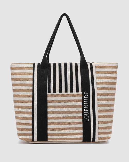 Louenhide Sorrento beach bag in canvas. Navy Red stripe, taupe black stripe.
