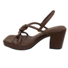 Here's a fabulous summer sandal that will take you places! With a gorgeous knotted upper, chocolate coloured leather and a heel height of 8cm but with a 2cm platform you'll have all the height with all the comfort. Perfect! Made by Hael & Jax.