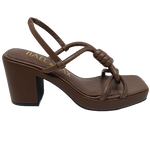 Here's a fabulous summer sandal that will take you places! With a gorgeous knotted upper, chocolate coloured leather and a heel height of 8cm but with a 2cm platform you'll have all the height with all the comfort. Perfect! Made by Hael & Jax.