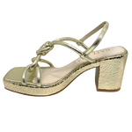 Here's a fabulous summer sandal that will take you places! With a gorgeous knotted upper, crinkle gold leather and a heel height of 8cm but with a 2cm platform you'll have all the height with all the comfort. Perfect! Made by Hael & Jax.