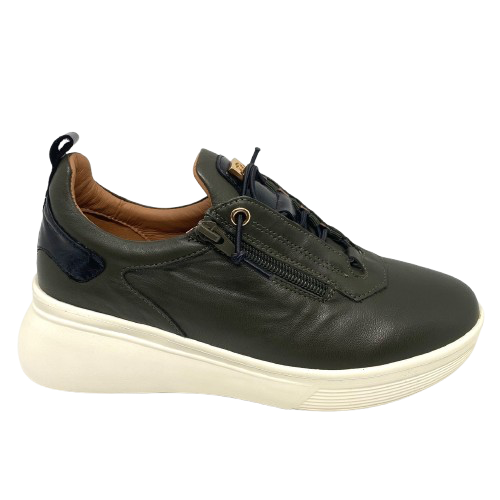 Sneakers by Alfie &amp; Evie are always great and this little one with its new look bulbous white sole, elastic laces, zip entry and black patent leather trims is not exception.