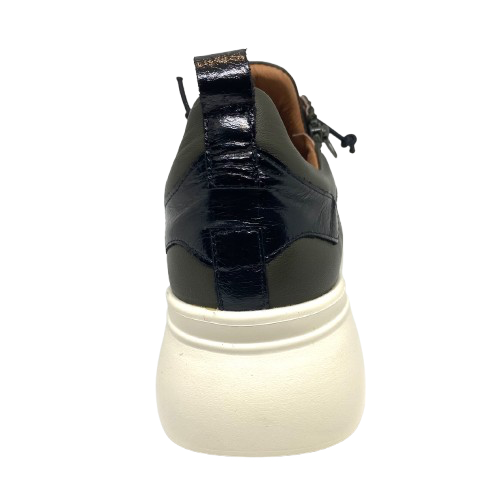 Sneakers by Alfie &amp; Evie are always great and this little one with its new look bulbous white sole, elastic laces, zip entry and black patent leather trims is not exception.