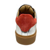 This cool little leather sneaker has a gum sole and silver outer with black side stripes, red suede at the heel land red laces.