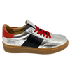 This cool little leather sneaker has a gum sole and silver outer with black side stripes, red suede at the heel land red laces.