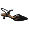 An elegant and comfortable little closed toe in black mesh with cord detail on the toe and cord straps at the ankle which can be used as a Y back, sling back or across the instep, The kitten heel is a comfortable 5cm. Made in Brazil.