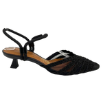An elegant and comfortable little closed toe in black mesh with cord detail on the toe and cord straps at the ankle which can be used as a Y back, sling back or across the instep, The kitten heel is a comfortable 5cm. Made in Brazil.