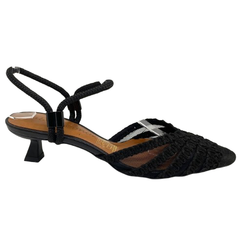 An elegant and comfortable little closed toe in black mesh with cord detail on the toe and cord straps at the ankle which can be used as a Y back, sling back or across the instep, The kitten heel is a comfortable 5cm. Made in Brazil.