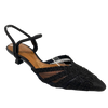 An elegant and comfortable little closed toe in black mesh with cord detail on the toe and cord straps at the ankle which can be used as a Y back, sling back or across the instep, The kitten heel is a comfortable 5cm. Made in Brazil.