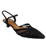 An elegant and comfortable little closed toe in black mesh with cord detail on the toe and cord straps at the ankle which can be used as a Y back, sling back or across the instep, The kitten heel is a comfortable 5cm. Made in Brazil.