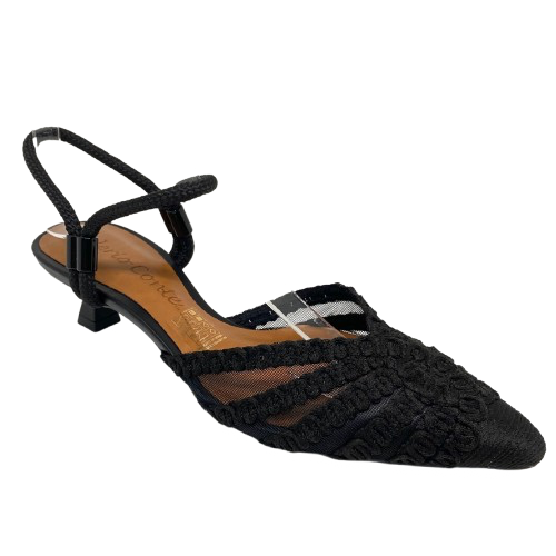 An elegant and comfortable little closed toe in black mesh with cord detail on the toe and cord straps at the ankle which can be used as a Y back, sling back or across the instep, The kitten heel is a comfortable 5cm. Made in Brazil.
