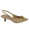 This very stylish pointed sling back in a supple nude patent leather has a very wearable 6cm kitten heel. The heel is made of the same material as the square chain-shaped buckle on the toe of the shoe. Made in Brazil.