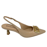 This very stylish pointed sling back in a supple nude patent leather has a very wearable 6cm kitten heel. The heel is made of the same material as the square chain-shaped buckle on the toe of the shoe. Made in Brazil.