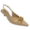 This very stylish pointed sling back in a supple nude patent leather has a very wearable 6cm kitten heel. The heel is made of the same material as the square chain-shaped buckle on the toe of the shoe. Made in Brazil.