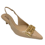 This very stylish pointed sling back in a supple nude patent leather has a very wearable 6cm kitten heel. The heel is made of the same material as the square chain-shaped buckle on the toe of the shoe. Made in Brazil.