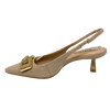 This very stylish pointed sling back in a supple nude patent leather has a very wearable 6cm kitten heel. The heel is made of the same material as the square chain-shaped buckle on the toe of the shoe. Made in Brazil.