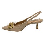 This very stylish pointed sling back in a supple nude patent leather has a very wearable 6cm kitten heel. The heel is made of the same material as the square chain-shaped buckle on the toe of the shoe. Made in Brazil.