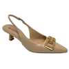 This very stylish pointed sling back in a supple nude patent leather has a very wearable 6cm kitten heel. The heel is made of the same material as the square chain-shaped buckle on the toe of the shoe. Made in Brazil.