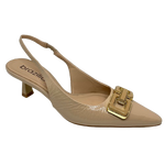 This very stylish pointed sling back in a supple nude patent leather has a very wearable 6cm kitten heel. The heel is made of the same material as the square chain-shaped buckle on the toe of the shoe. Made in Brazil.