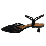 An elegant and comfortable little closed toe in black mesh with cord detail on the toe and cord straps at the ankle which can be used as a Y back, sling back or across the instep, The kitten heel is a comfortable 5cm. Made in Brazil.