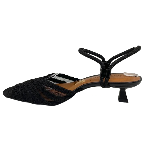An elegant and comfortable little closed toe in black mesh with cord detail on the toe and cord straps at the ankle which can be used as a Y back, sling back or across the instep, The kitten heel is a comfortable 5cm. Made in Brazil.