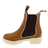 This gorgeous little ankle boot comes in a rich brandy coloured leather, has chocolate elastic in the sides, features white blanket stitching which ties in with the white chunky sole. Made by Bresley.