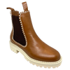 This gorgeous little ankle boot comes in a rich brandy coloured leather, has chocolate elastic in the sides, features white blanket stitching which ties in with the white chunky sole. Made by Bresley.
