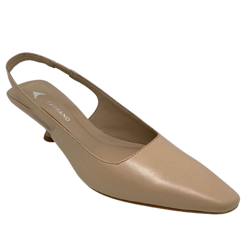 Made in Brazil by Carrano this little sling back has a slightly asymmetrical elongated toe shape, a 6cm heel the is located slightly off centre from the heel and is a comfortable and elegant shape that will look as great with your favourite jeans as it will with your corporate or elevated wear.
