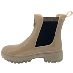 These great little wet weather boots are made from recycled materials using 100% renewable energy. Made by Lemon Jelly in Portugal you'll notice the beautiful lemon aroma as soon as you open the box! The contrast of the black elastic sides is aesthetically pleasing against the shiny Dusty Nude colouring of the boot and translucent chunky sole,