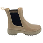 These great little wet weather boots are made from recycled materials using 100% renewable energy. Made by Lemon Jelly in Portugal you'll notice the beautiful lemon aroma as soon as you open the box! The contrast of the black elastic sides is aesthetically pleasing against the shiny Dusty Nude colouring of the boot and translucent chunky sole,